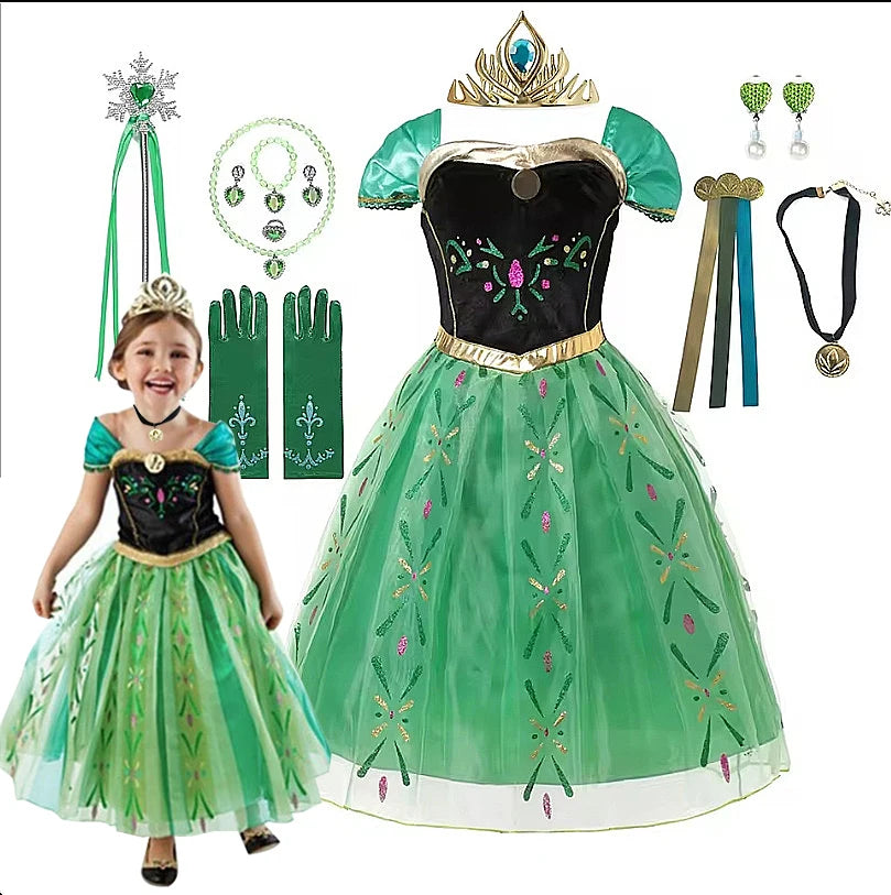 Winter Fairytale Princess Dress in Green, shown on a child beside the dress and assorted costume accessories