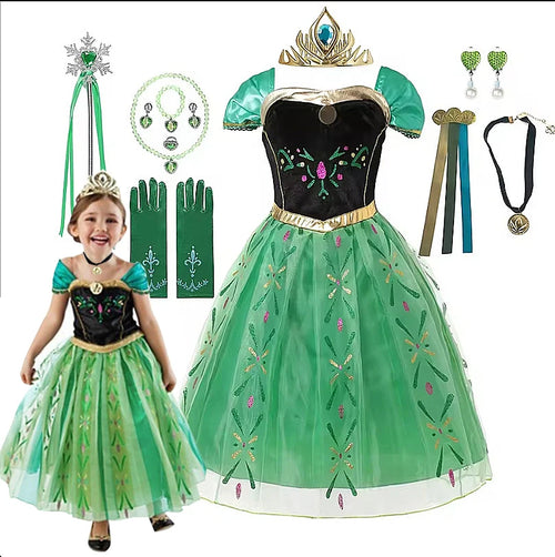 Winter Fairytale Princess Dress in Green, shown on a child beside the dress and assorted costume accessories