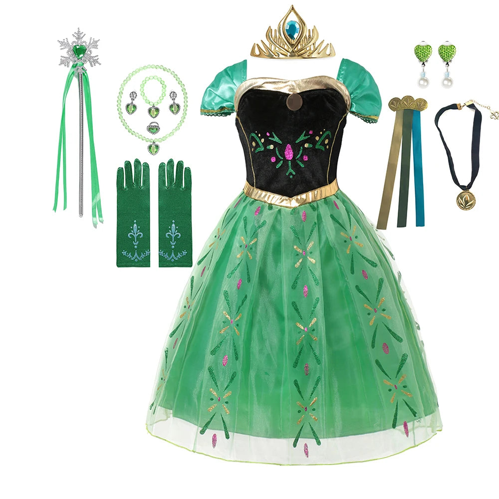 Winter Fairytale Princess Dress in Green displayed with gloves, jewelry, wand, crown and ribbon hair accessory