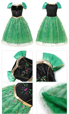 Winter Fairytale Princess Dress in Green with front and back views plus close-ups of sleeves, bodice and skirt