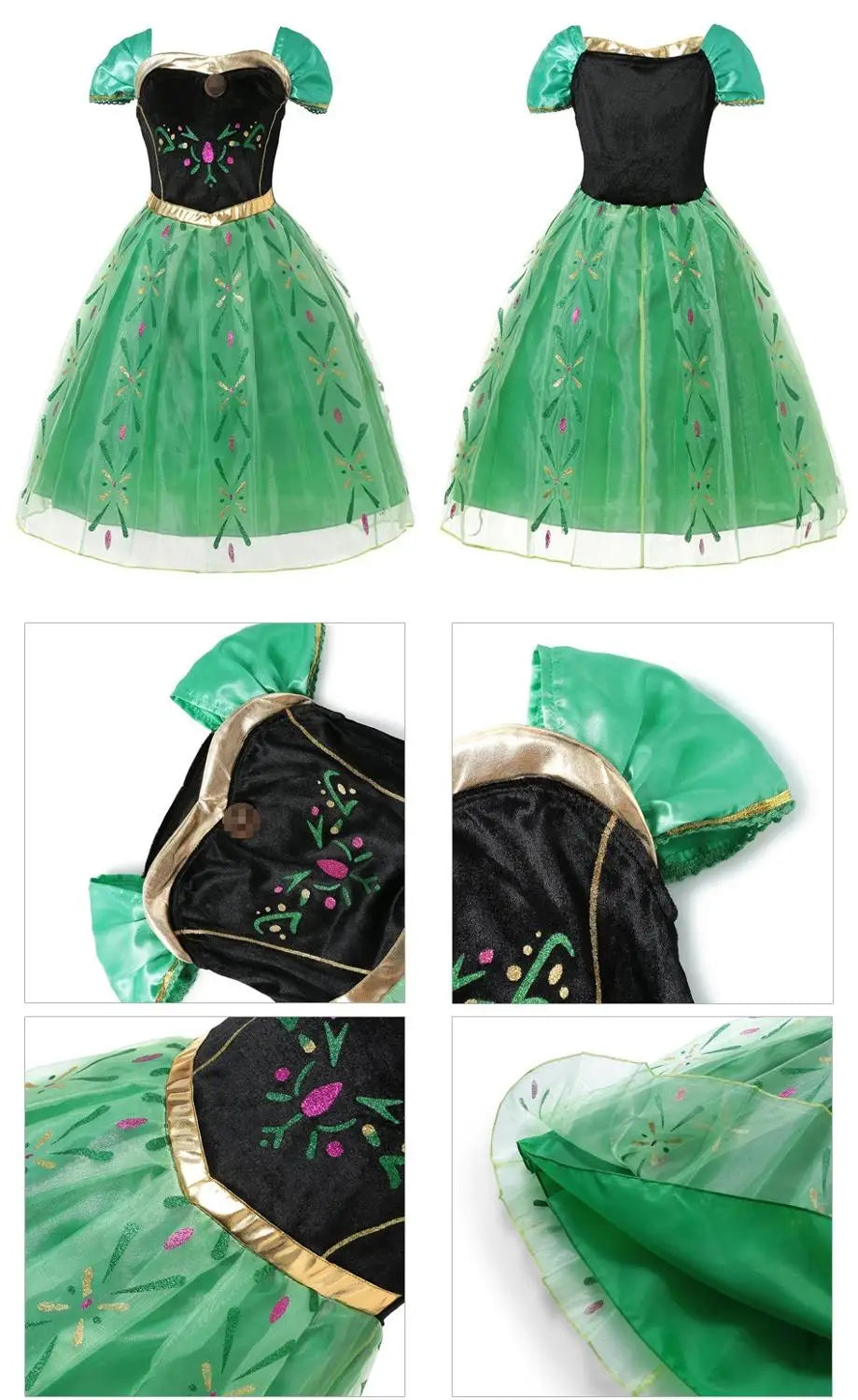 Winter Fairytale Princess Dress in Green with front and back views plus close-ups of sleeves, bodice and skirt