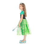 Winter Fairytale Princess Dress worn by a child in side profile, showing the short sleeves and layered green skirt