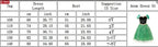 Winter Fairytale Princess Dress Green size chart listing dress length and bust measurements for tags 100 through 140