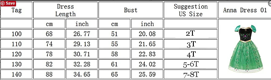 Winter Fairytale Princess Dress Green size chart listing dress length and bust measurements for tags 100 through 140