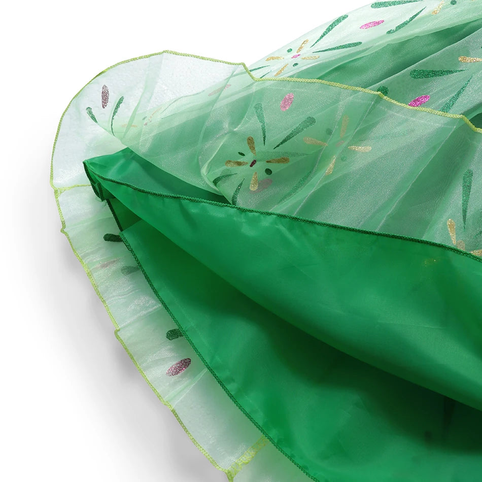 Winter Fairytale Princess Dress close-up showing the patterned sheer outer skirt and solid green layer underneath