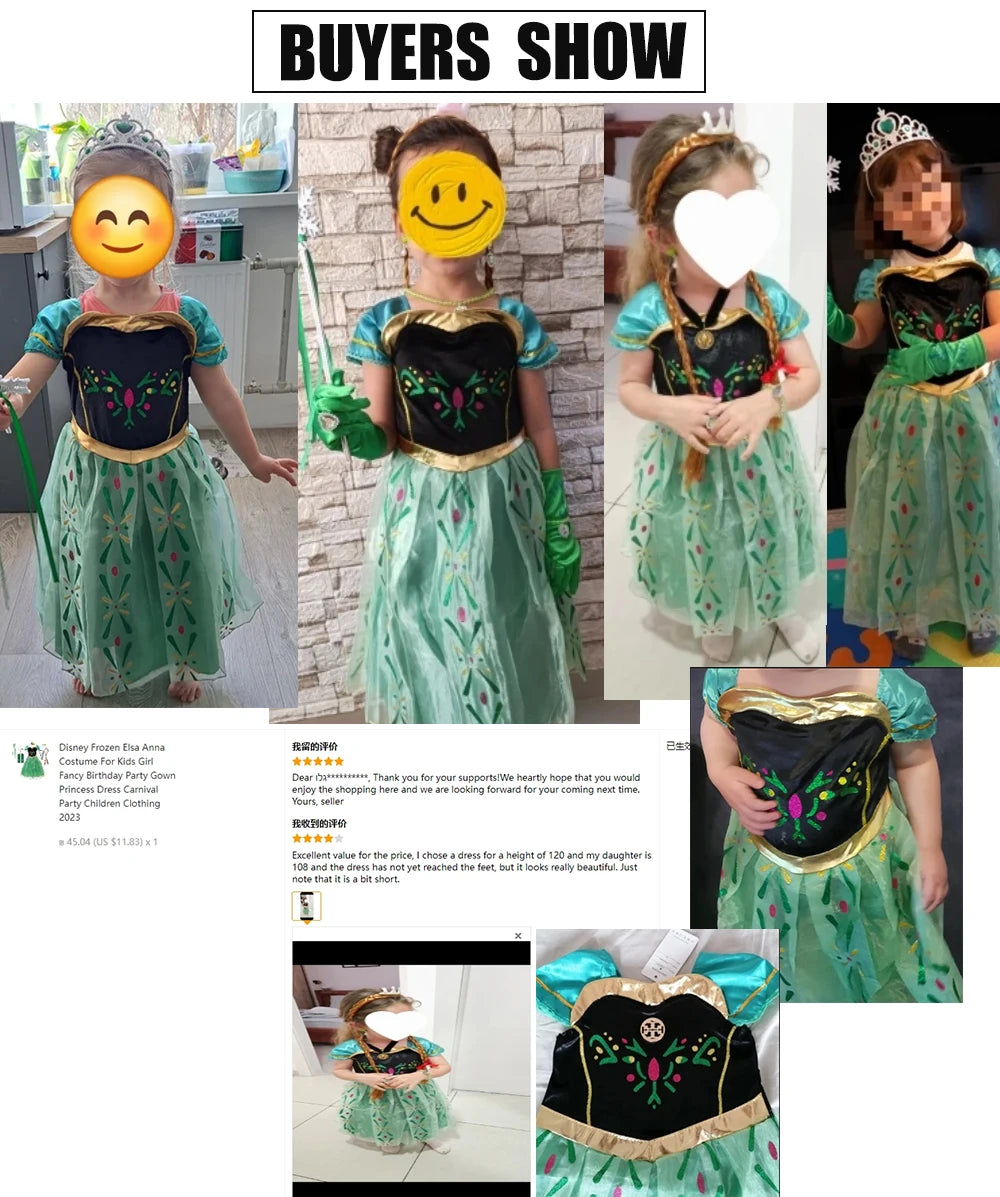 Winter Fairytale Princess Dress in Green shown in a supplier collage of children wearing the dress and review excerpts