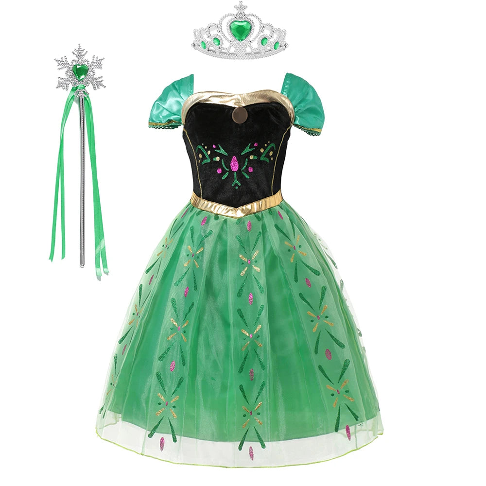 Winter Fairytale Princess Dress in Green displayed with a silver-colored heart tiara and ribbon wand