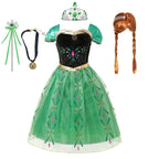 Winter Fairytale Princess Dress in Green shown with a red-brown braided wig, tiara, wand and pendant choker