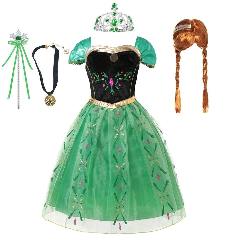 Winter Fairytale Princess Dress in Green shown with a red-brown braided wig, tiara, wand and pendant choker