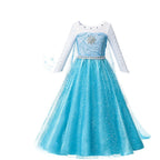 Winter Fairytale Princess Dress in Ice Blue with a shimmering skirt and sheer cape visible behind the sleeves
