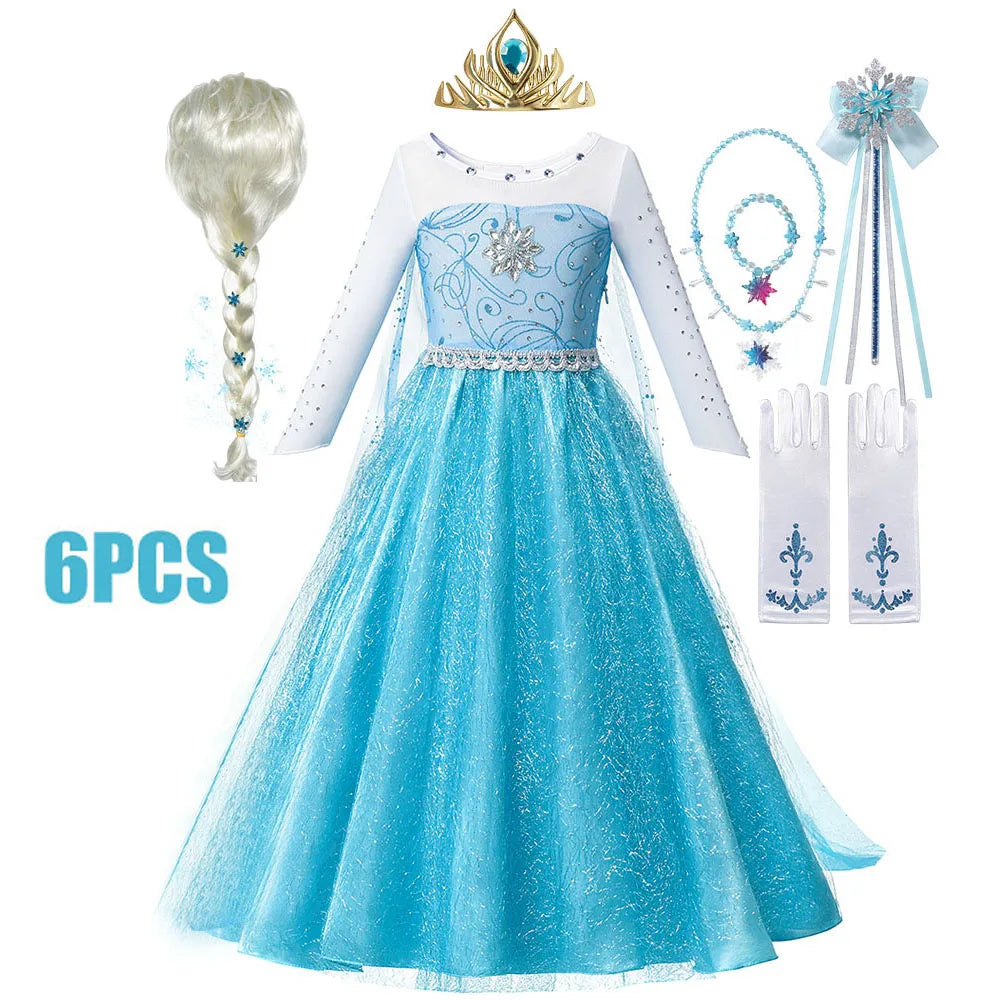Winter Fairytale Princess Dress in Ice Blue with braided hairpiece, tiara, wand, necklace, bracelet and gloves