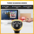 Wireless Barcode Scanner scan-mode diagram with a desktop QR code and a package barcode