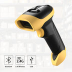 Wireless Barcode Scanner close-up in yellow and black with Bluetooth, 2.4GHz, and USB icons
