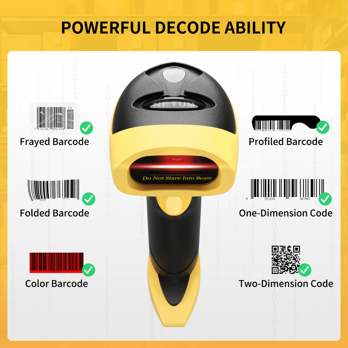 Wireless Barcode Scanner front view beside printed barcode examples and a QR code