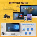 Wireless Barcode Scanner device compatibility chart featuring a desktop, laptop, phone, and tablet