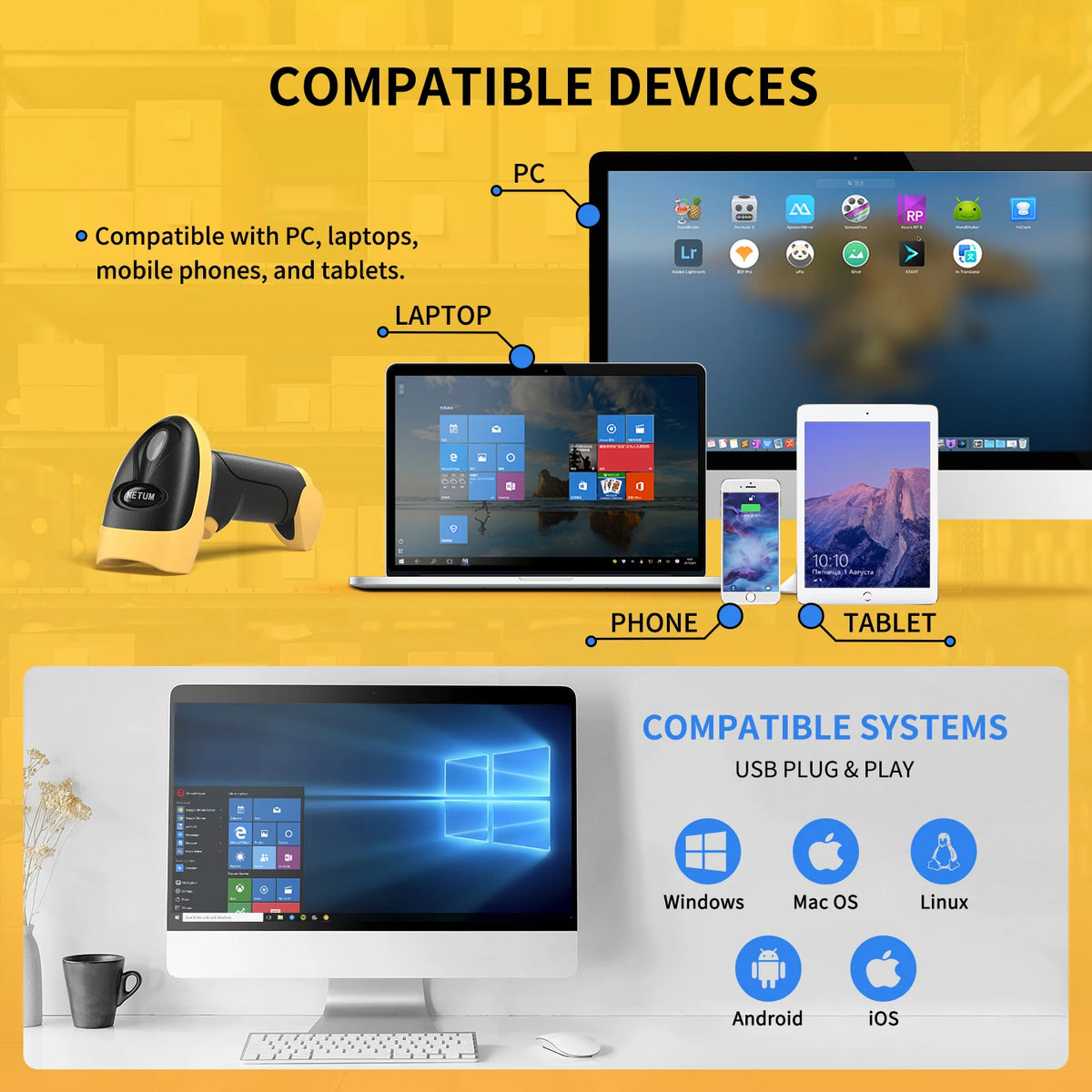 Wireless Barcode Scanner device compatibility chart featuring a desktop, laptop, phone, and tablet