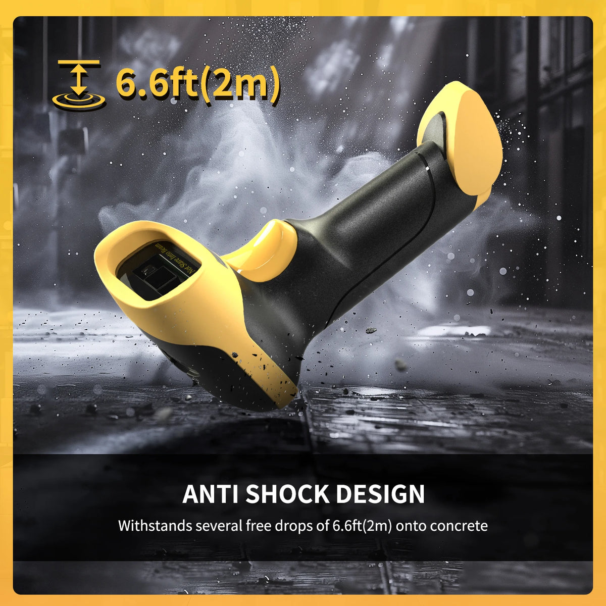 Wireless Barcode Scanner supplier graphic illustrating the yellow model's shock-resistant design
