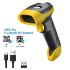 Wireless Barcode Scanner in yellow and black with USB cable, receiver, and QR and Data Matrix symbols