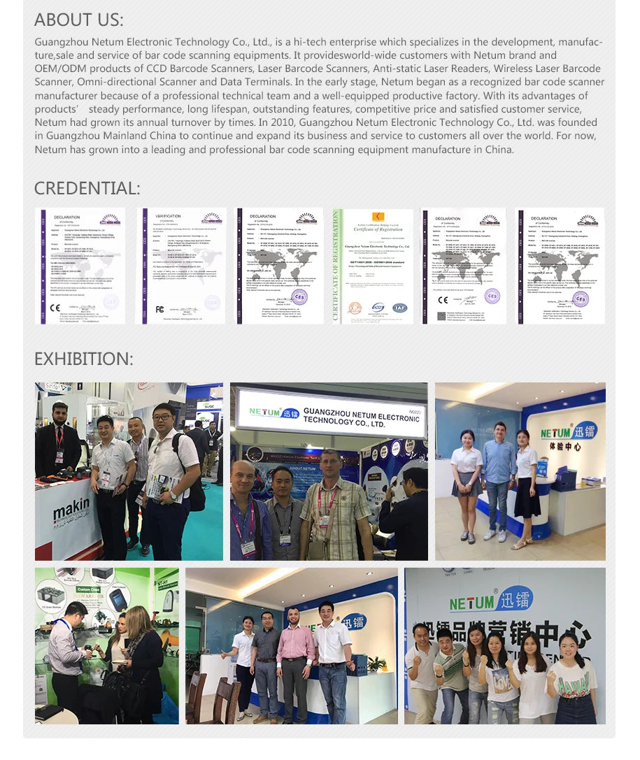 Wireless Barcode Scanner manufacturer information panel with NETUM exhibition photos and credentials