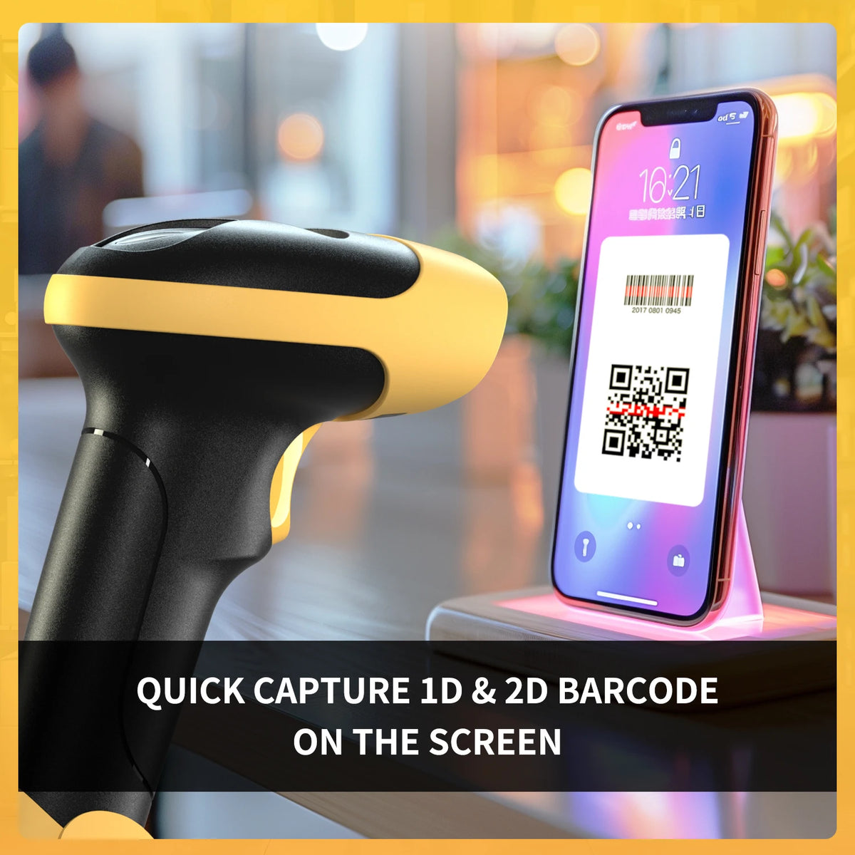 Wireless Barcode Scanner side view facing a phone displaying both a linear barcode and QR code