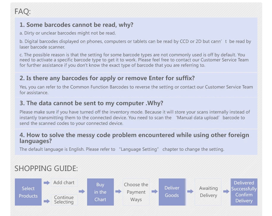 Wireless Barcode Scanner supplier FAQ covering unreadable codes, data upload, suffixes, and language settings