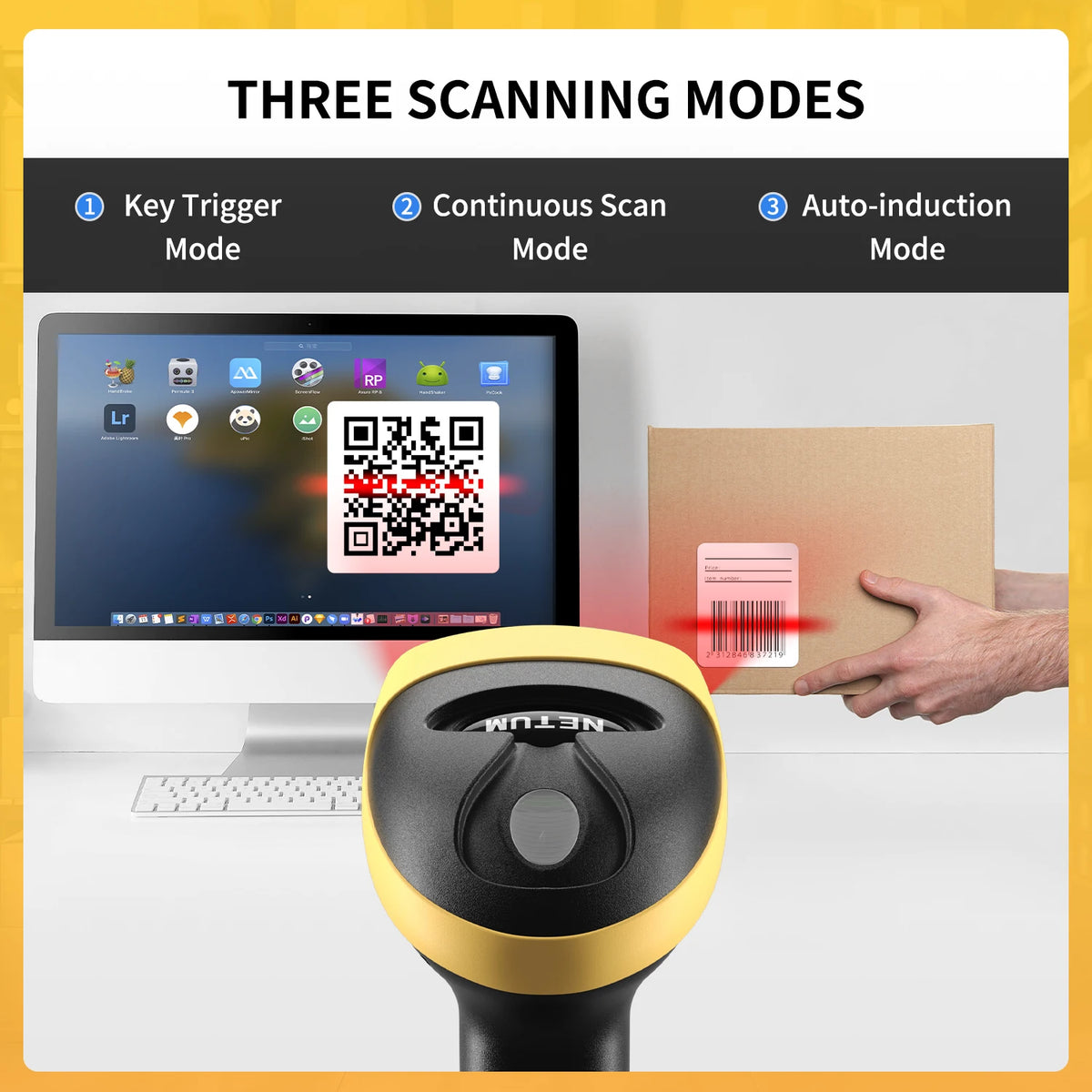 Wireless Barcode Scanner graphic showing trigger, continuous, and automatic sensing scan modes