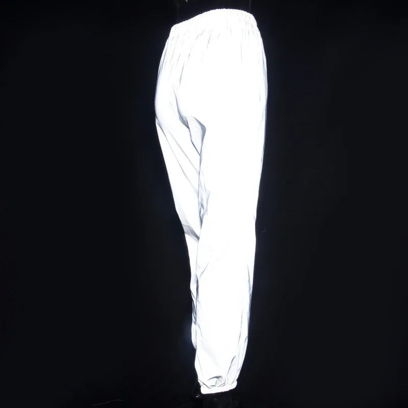 Women’s Reflective Joggers side product view under direct light showing the reflective tapered leg