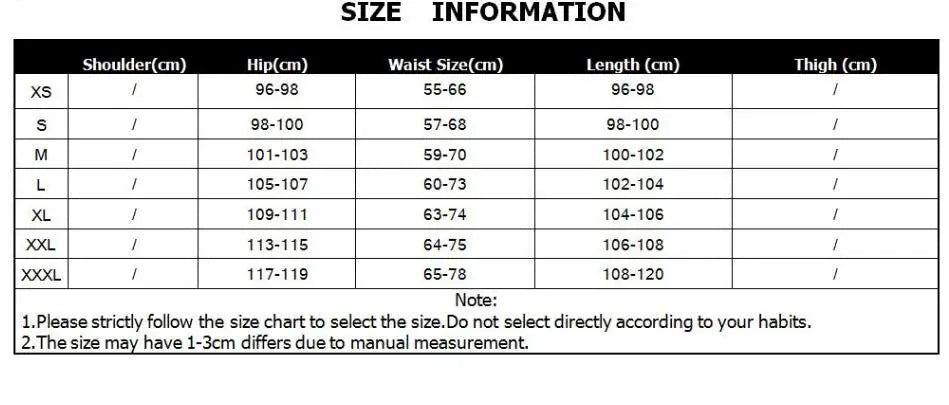 Women’s Reflective Joggers supplier size chart showing waist, hip, and length measurements in centimeters