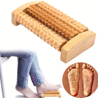 Wooden Foot Massage Board with a seated foot-use example and a separate reflexology illustration