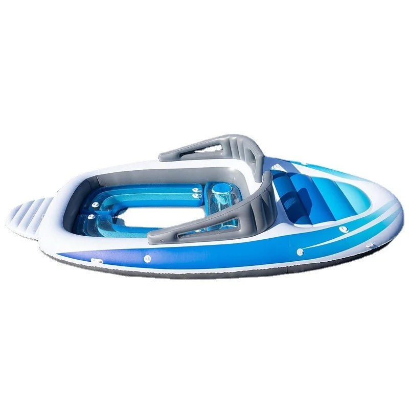 Yacht Inflatable Lounge Boat in blue, white, and gray with wraparound seating and a front lounging area