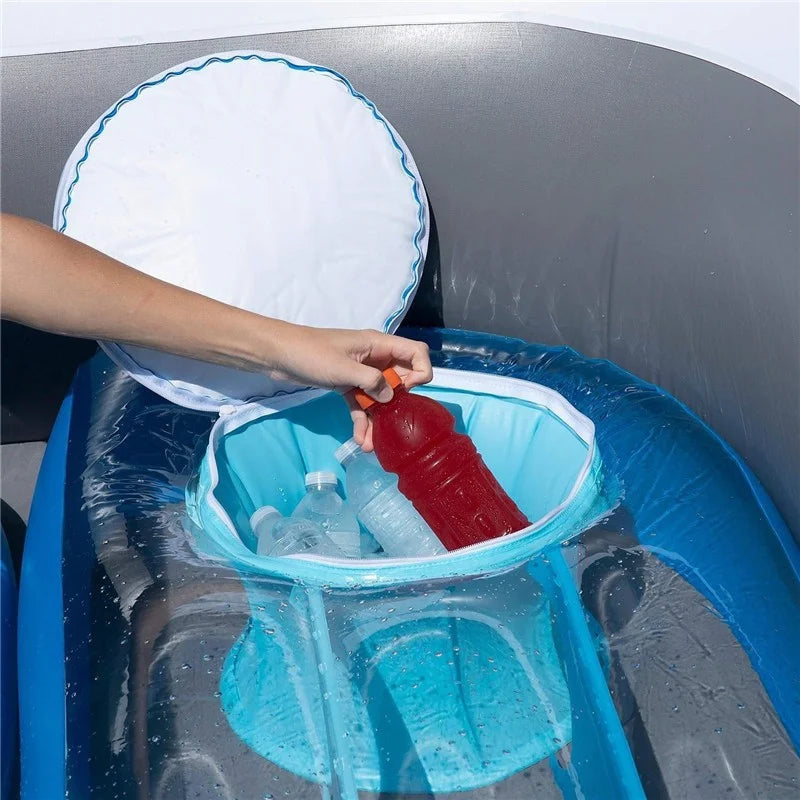 Yacht Inflatable Lounge Boat cooler compartment holding ice and bottled drinks beneath an open lid