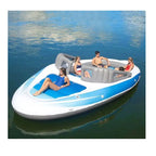 Yacht Inflatable Lounge Boat front view on the lake with a person reclining and friends seated behind
