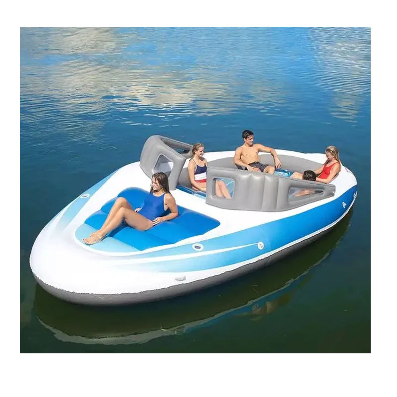 Yacht Inflatable Lounge Boat front view on the lake with a person reclining and friends seated behind