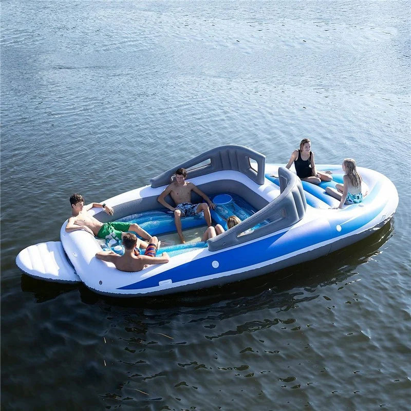 Yacht Inflatable Lounge Boat overhead view showing friends seated around the center and on the front lounge