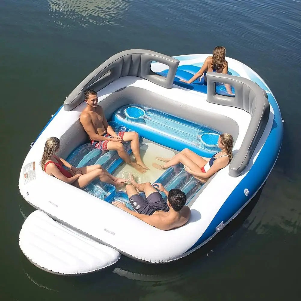 Yacht Inflatable Lounge Boat viewed from above with friends relaxing together on the lake