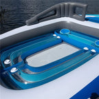 Yacht Inflatable Lounge Boat seating close-up with cup holders and gray yacht-style windshield details