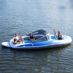 Yacht Inflatable Lounge Boat side view with a group relaxing on the water