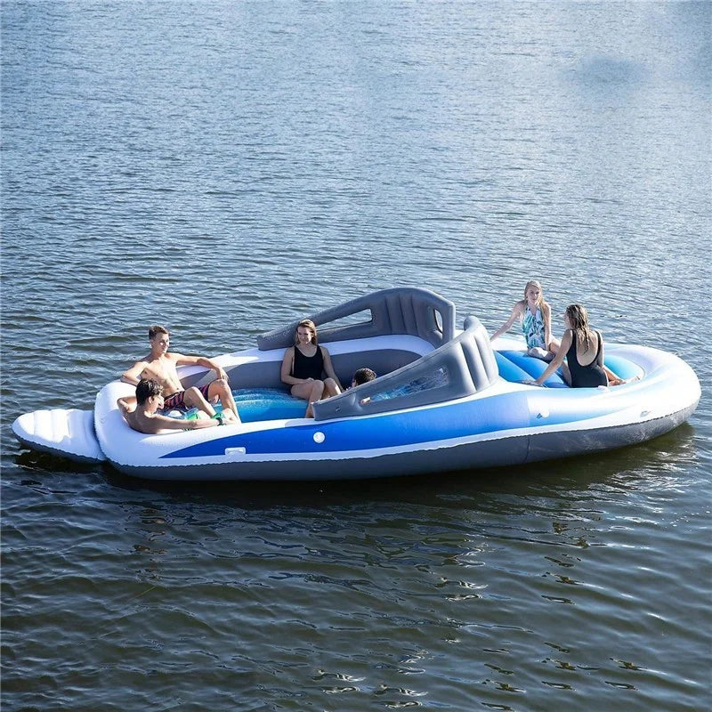 Yacht Inflatable Lounge Boat side view with a group relaxing on the water