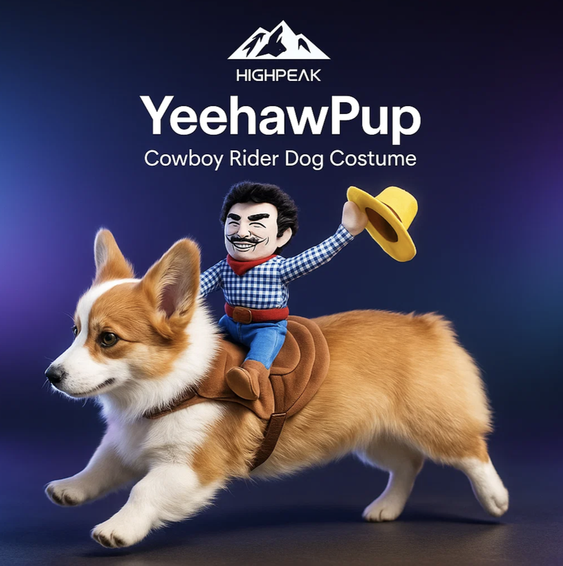 HighPeak YeehawPup Cowboy Rider Dog Costume on corgi with adjustable straps and breathable soft polyester saddle design
