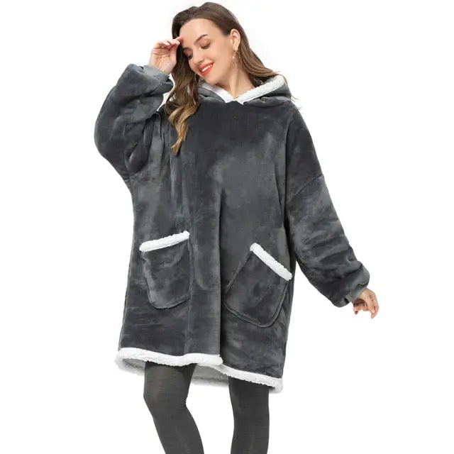 Grey oversized hoodie blanket with sherpa lining and front pockets - cozy wearable blanket for lounging and comfort