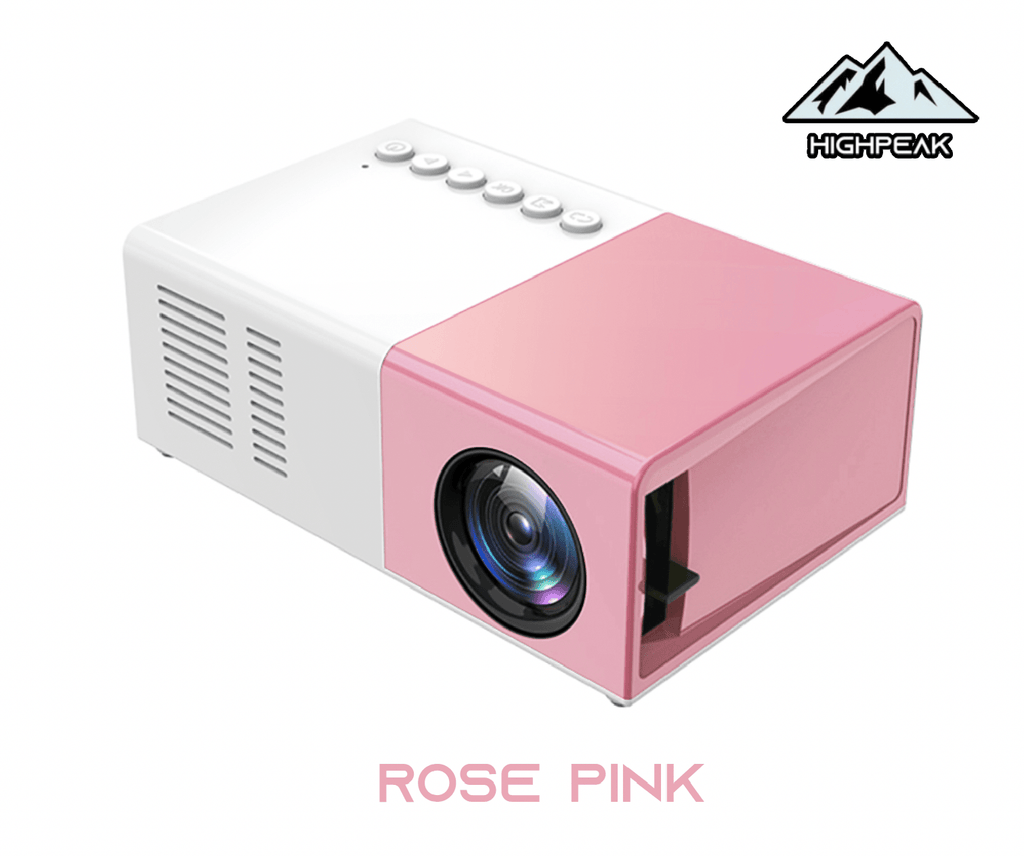 HighPeak MiniProjector™ in rose pink and white with lens and buttons, compact portable home cinema projector design
