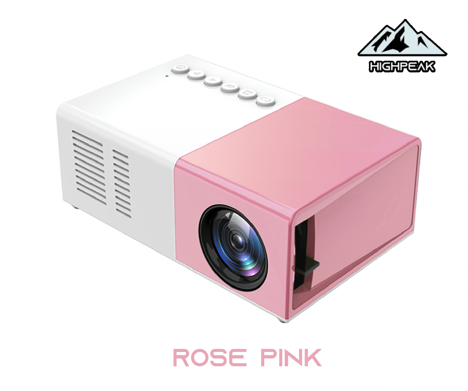 HighPeak MiniProjector™ in rose pink and white with lens and buttons, compact portable home cinema projector design