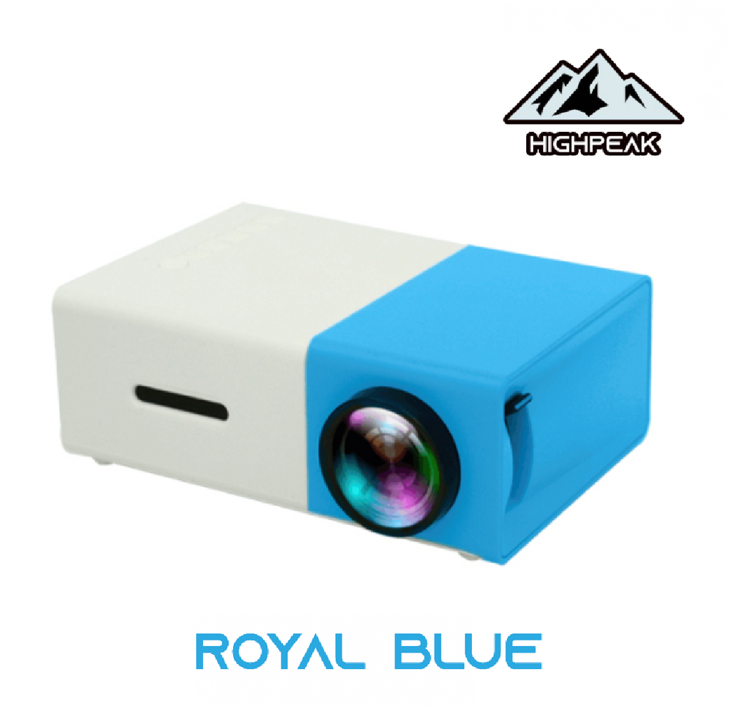 HighPeak MiniProjector™ royal blue and white compact design with advanced lens for vibrant home entertainment projection.