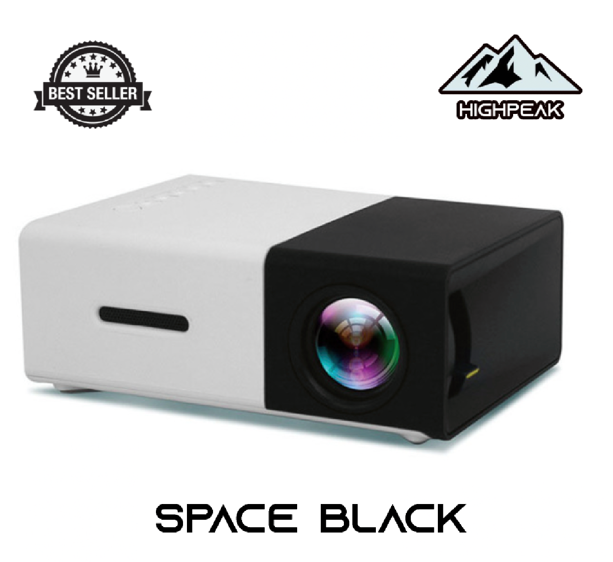 HighPeak MiniProjector™ in space black and white with lens projecting, compact portable design on white background