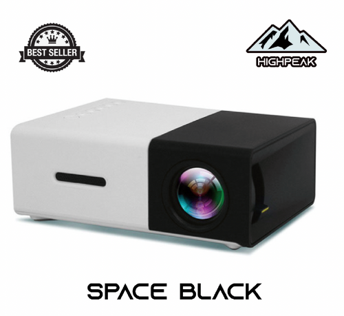 HighPeak MiniProjector in space black and white design featuring colorful projection lens - compact portable home theater device