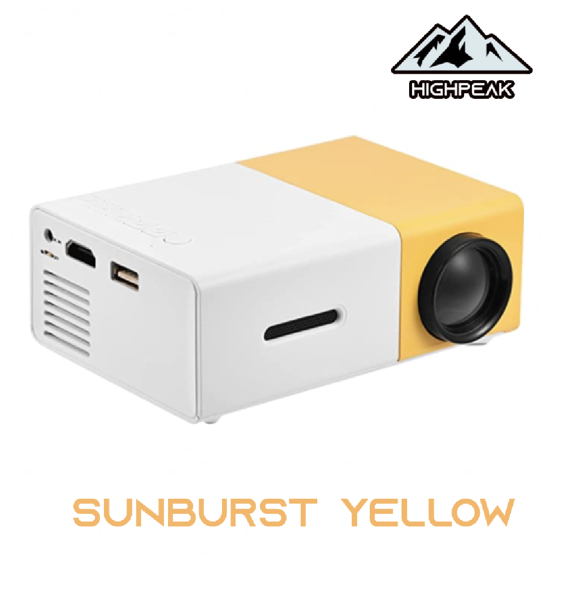 HighPeak MiniProjector™ in sunburst yellow and white, compact portable projector with lens and connectivity ports visible