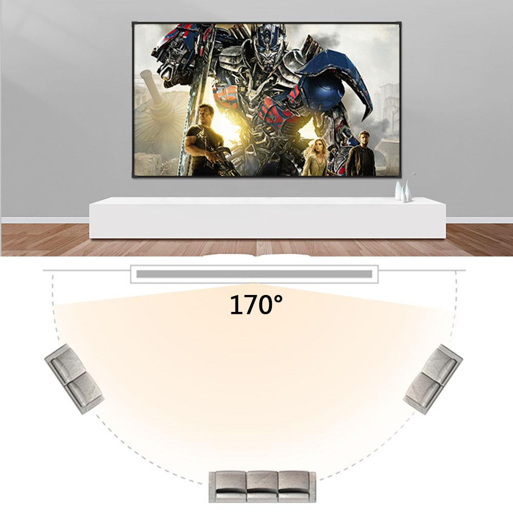 HighPeak Movie Screen displaying action movie scene with 170-degree viewing angle on white floating entertainment center