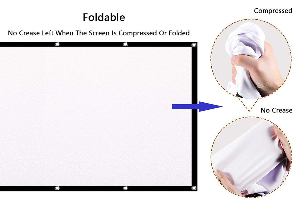 HighPeak Movie Screen foldable white projection surface with black border demonstrating wrinkle-free compression and storage feature