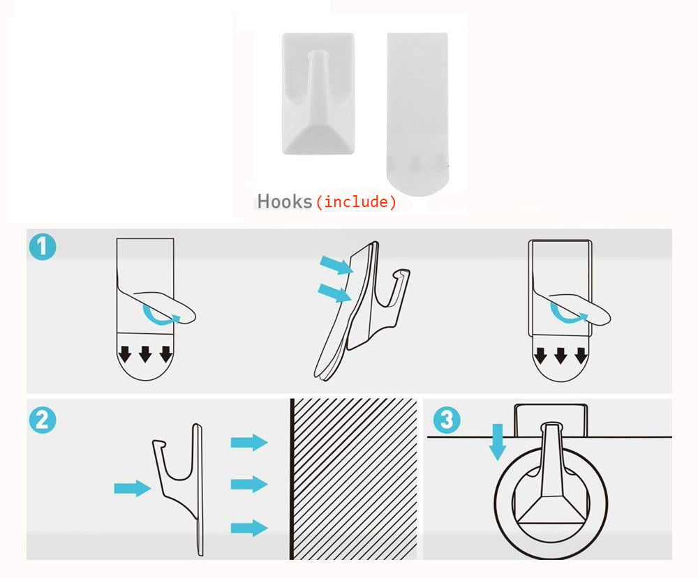 HighPeak Movie Screen installation guide showing adhesive hooks and step-by-step mounting instructions on a white background