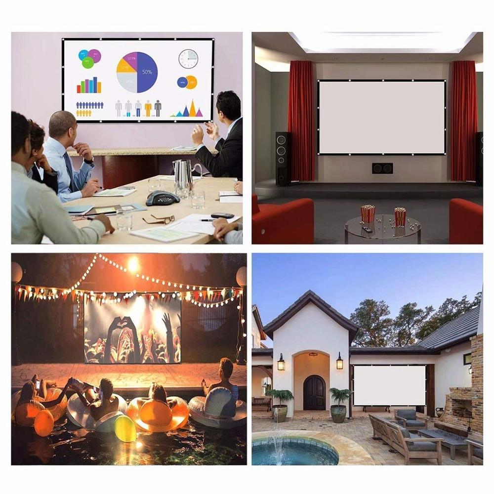 HighPeak Movie Screen shown in versatile settings - home theater, outdoor cinema, business meeting and poolside entertainment setup